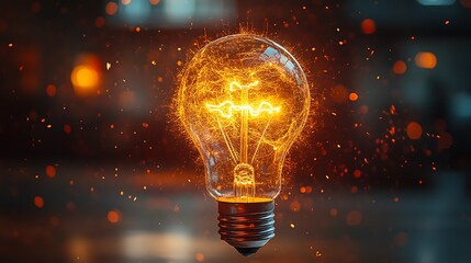 Glowing Lightbulb Sparkles Brightly Against Dark Background