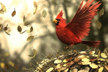 Fototapeta premium A bright red bird perches on top of a pile of fallen leaves in nature