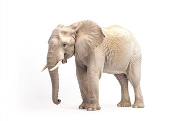 Obraz premium An African elephant stands in front of a white background, its tusks prominent