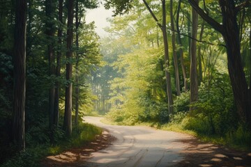 Fototapeta premium A dirt road winds its way through dense woods