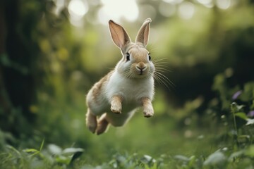 A rabbit jumps high in the air amidst lush green grass, a playful scene