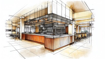 Stunningly Detailed Restaurant Interior Sketch: Perspective View of Modern Bar Design. AI Generated