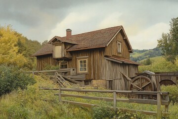 Obraz premium A traditional-style wooden house with a functioning water wheel out front