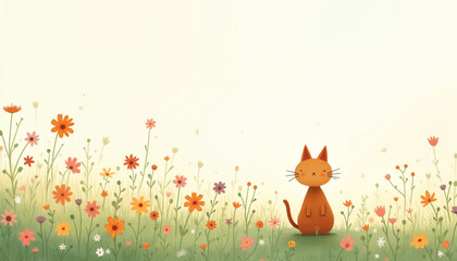 Fototapeta premium Minimalist illustration of a cat sitting in a flower field
