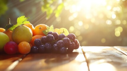 Naklejka premium Fresh Fruits in Natural Light on Wooden Table