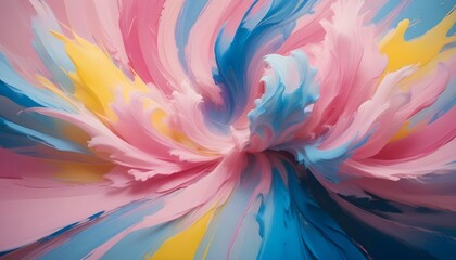 Obraz premium Una pintura abstracta vibrante con pinceladas arremolinadas de tonos rosados, azules y amarillos que crean una composición etérea y onírica