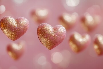 Obraz premium A group of pink and gold heart shapes float in mid-air, making for a whimsical and romantic visual effect