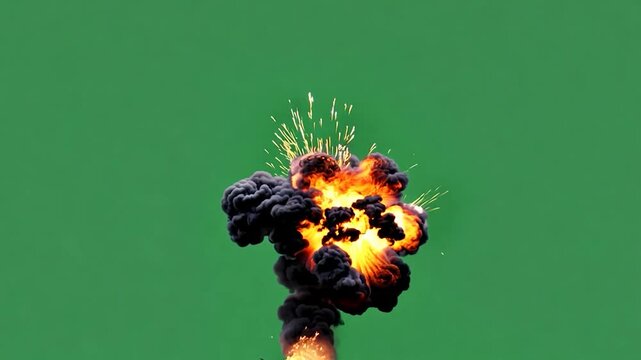 A fiery explosion with thick black smoke rising dramatically against a green backdrop, offering a high-impact and intense visual for action, drama, or special effects content.