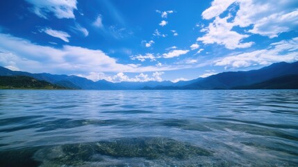 A serene lake scene with surrounding mountains