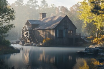 A historic water mill standing on calm waters of a lake, surrounded by lush greenery