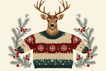 A sweater with a deer's head surrounded by pine branches and berries, great for winter or outdoor themed images