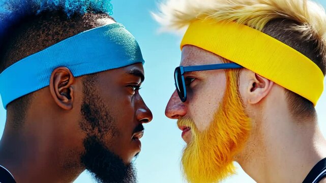 Intense faceoff between two bearded men wearing colorful headbands and sunglasses