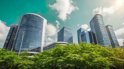 Naklejka premium Abstract scene with green foliage and elements and business buildings, free copy space,