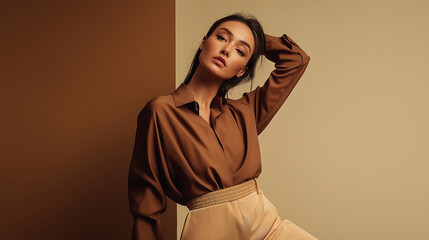 Mock-up image of a beautiful woman standing in mocha mousse dress with copy space, fashion photography