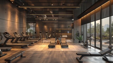 gym with a contemporary and stylish interior and a variety of workout zones