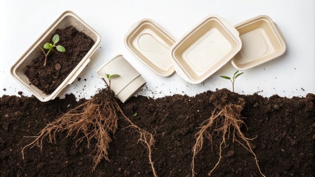 Biodegradable takeout containers planted in soil with growing seedlings demonstrate composting and eco friendly disposal of food packaging, promoting sustainable practices
