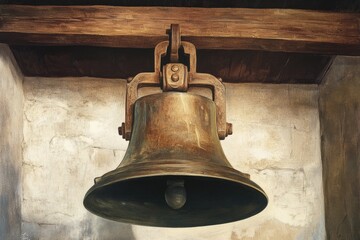 Obraz premium A large bell hangs from the ceiling of a building, possibly a church or cathedral