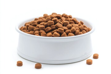 A white bowl filled with dog food placed on a table, great for pet-related or household use