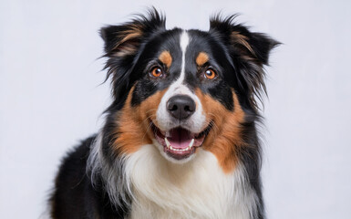 Fototapeta premium A dog with a tri-colored coat, predominantly black, white, and brown. The dog has bright, expressive eyes and an open mouth, giving an impression of a friendly demeanor. 