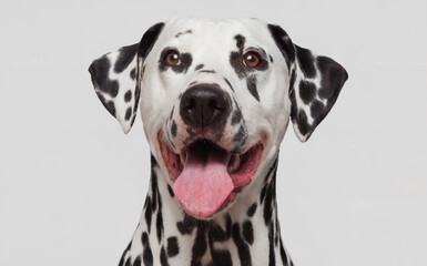 A close-up of a Dalmatian dog. The dog has a predominantly white coat dotted with black spots.