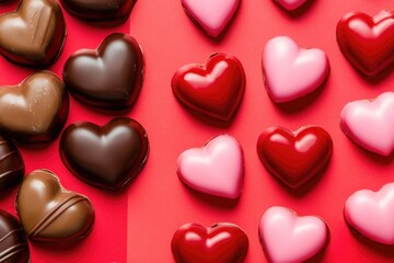 Obraz premium A collection of chocolate hearts arranged on a red surface, great for Valentine's Day or any romantic occasion