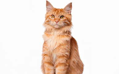 A majestic orange-furred cat standing upright. The cat has a regal posture, with its ears perked up and eyes wide open, gazing intently forward.