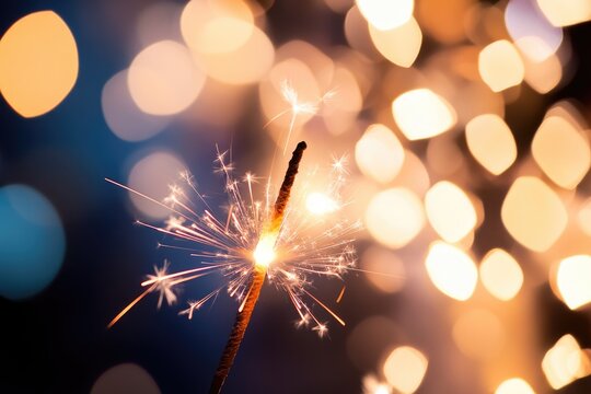 A close-up shot of a sparkler with warm lights in the background, perfect for use in celebratory or festive scenes