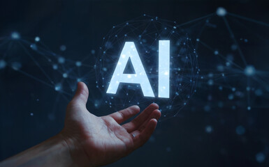 A human hand, seemingly floating or hovering in space, presenting a digital representation of the letters 'AI'. 