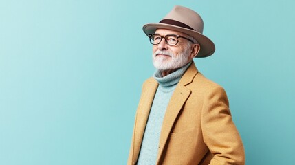 Stylish senior gentleman in beige coat and fedora hat posing confidently against turquoise background, showcasing timeless fashion and elegant aging with distinguished grey beard.