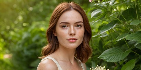 Outdoor close-up portrait of a beautiful young brunette woman smiling broadly and looking to the camera, posing against nature background in the park. Pretty female walking in the park.