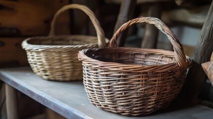Rustic Baskets on Wooden Table with Natural Lighting
