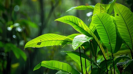 Green leaves of exotic tropical plant growing in rainy forest with water drops