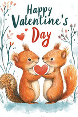 Two adorable squirrels hold a red heart together, surrounded by delicate flowers and foliage. The playful illustration conveys warmth and joy, perfect for Valentine\'s Day festivities