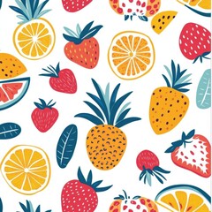 Vibrant tropical fruit pattern featuring colorful illustrations of pineapple, watermelon, and strawberries in a playful design. Generative AI