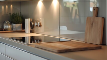 Interior of modern kitchen with black granite countertop and built in cooker
