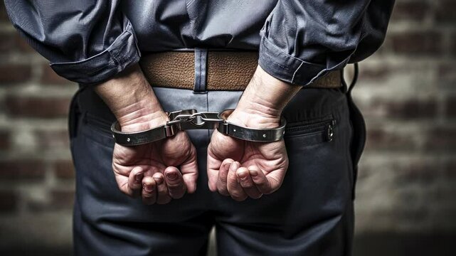 the criminal's hands are handcuffed behind his back, arrest, prison