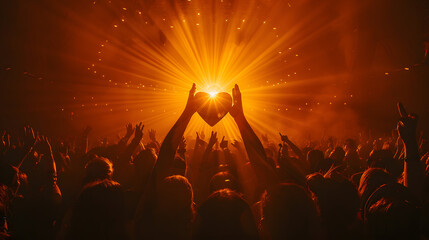 A silhouetted person making a heart gesture with their hands at sunset during a concert, symbolizing love and unity