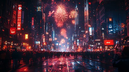 Night city street scene with fireworks, crowds celebrating New Year's Eve.