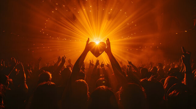 A silhouetted person making a heart gesture with their hands at sunset during a concert, symbolizing love and unity