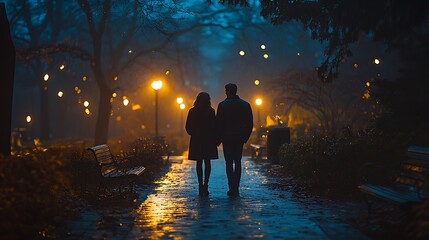 Fototapeta premium Couple Silhouetted Walking Night Path Park Lights