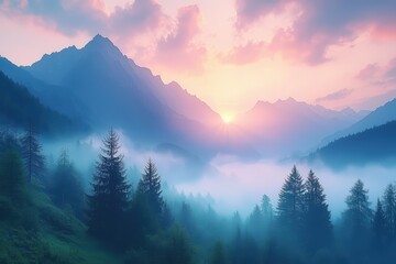 Obraz premium Serene sunrise over misty mountain valley nature landscape photography tranquil environment scenic viewpoint high fidelity imagery