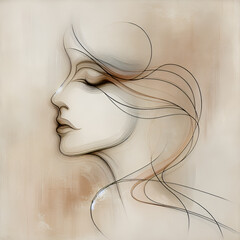 Naklejka premium An illustration depicting a portrait of a young woman from different angles. Style: outline drawing in a restrained pastel beige range of tones.