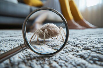 Close-up of a dust mite visible through a magnifying glass on a carpet in a cozy living room at home. A type of domestic blood-sucking insect.