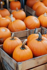 A wooden crate filled with many orange pumpkins, ideal for fall or harvest-themed projects