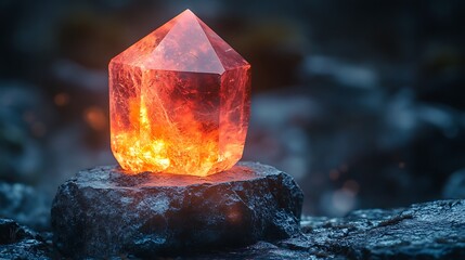 Glowing Orange Crystal Resting on Dark Rocks
