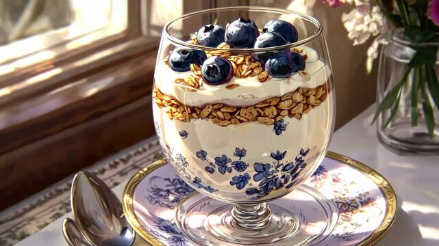 Gourmet yogurt parfait with fresh blueberries and nuts by the sunlit window