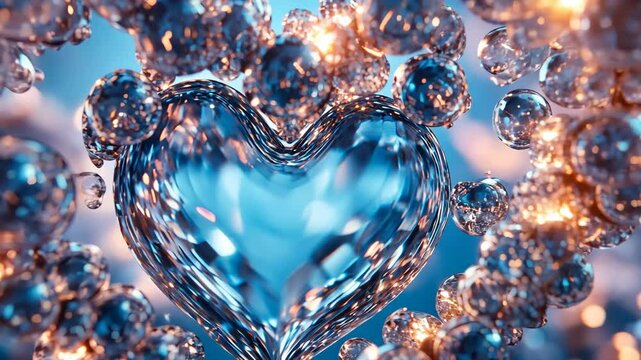 Heart-shaped crystal structure surrounded by luminous bubbles in a dreamy environment
