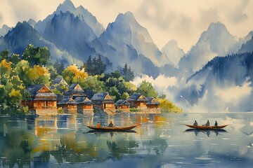 Fototapeta premium Tranquil village scene serene lake watercolor painting mountainous landscape aerial view peaceful nature concept