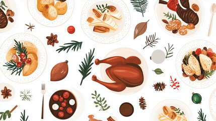Generative AI Image of Christmas Table with Variety of Festive Meals, Including Roasted Turkey, Potatoes, Seasonal Sides