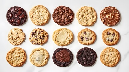 Twelve assorted delicious cookies arranged on a white marble background. Varieties include chocolate chip, oatmeal raisin, and other unique flavors. Perfect for bakery, food blog, or recipe content.